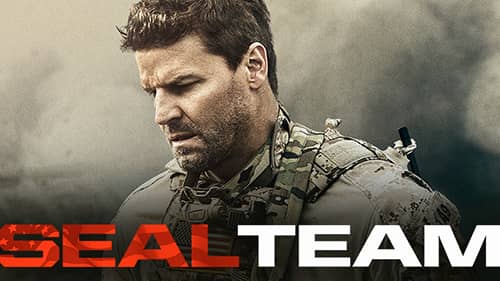 Ein Marine in Uniform vor einfarbigem Hintergrund, mit dem Titel „Seal Team“.