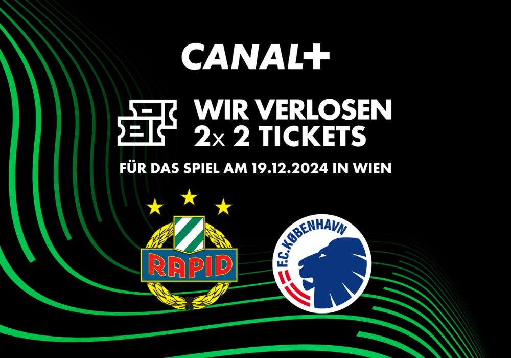 Gewinnspiel-Banner von CANAL+ mit dem Text "Wir verlosen 2x2 Tickets für das Spiel am 19.12.2024 in Wien" und den Logos von SK Rapid Wien und FC Kopenhagen.