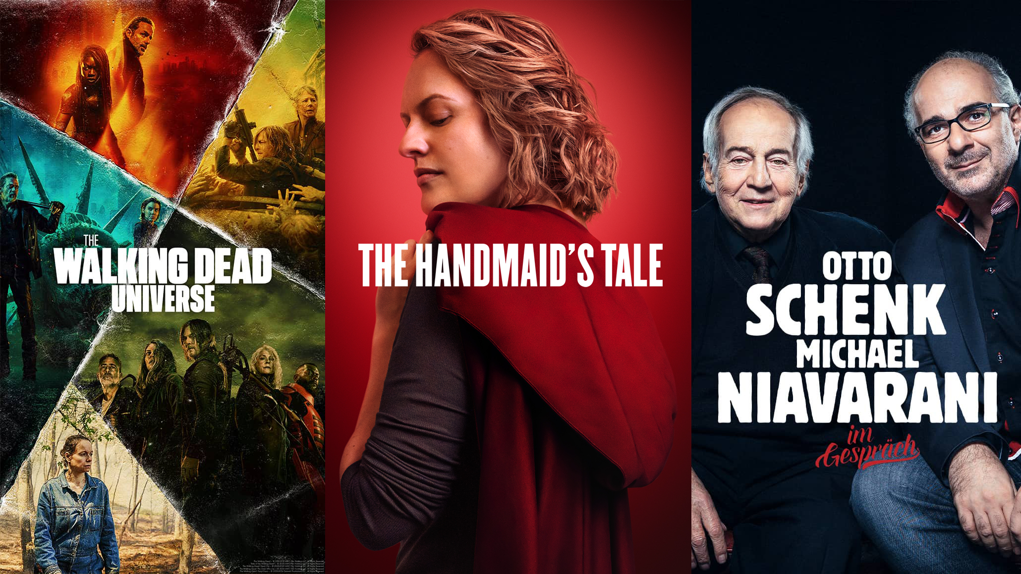Drei Poster nebeneinander: The Walking Dead Universe, The Handmaid’s Tale und Otto Schenk & Michael Niavarani.