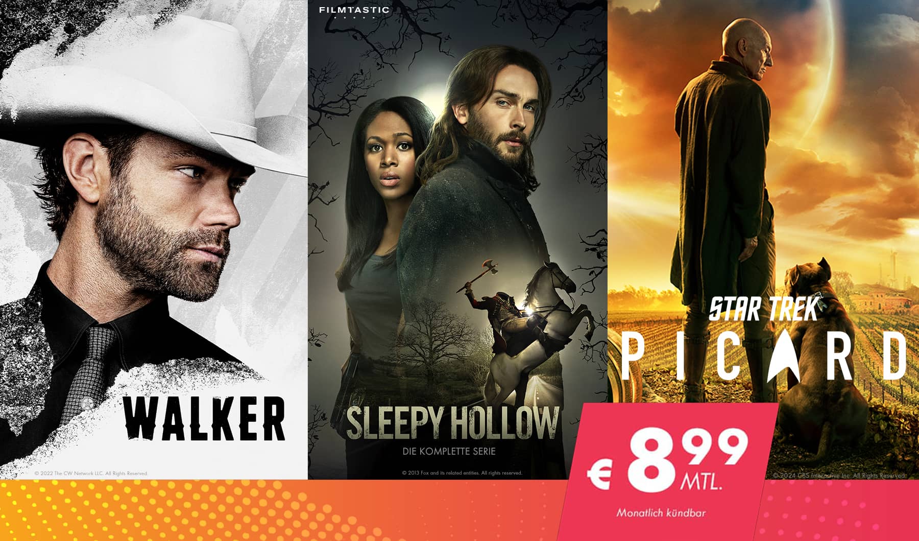 Streaming-Service mit den Serien "Walker" mit Jared Padalecki, "Sleepy Hollow" und "Star Trek Picard". Angebot ab 4,50 Euro monatlich bei 12 Monaten Vertragslaufzeit.