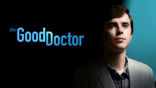 Titelbild der Serie „The Good Doctor“ mit einem jungen Mann im Fokus, der nachdenklich in die Ferne blickt, auf dunklem Hintergrund mit hellblauer Akzentbeleuchtung.