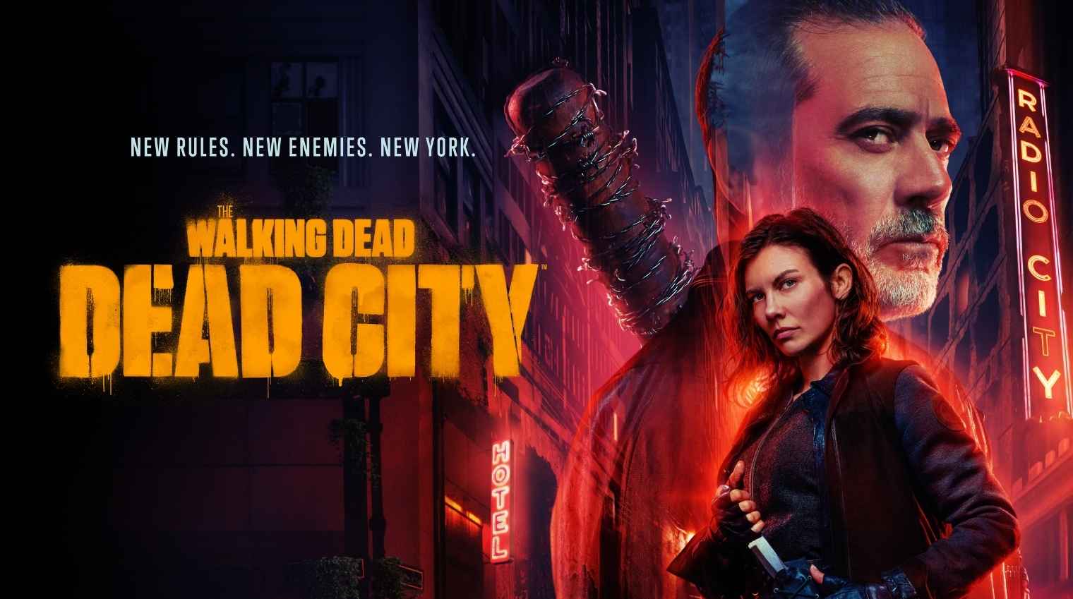 Promotional image for the series The Walking Dead: Dead City featuring the main characters in front of a neon-lit New York street, a barbed-wire baseball bat, and the tagline “Starting May 5”.