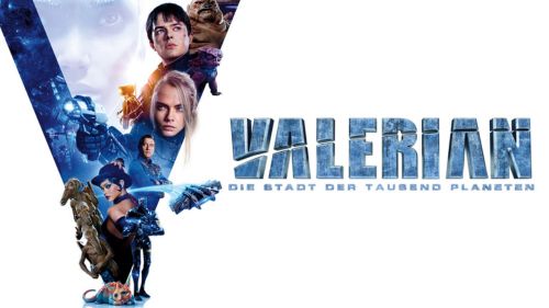 Filmplakat zu „Valerian – Die Stadt der tausend Planeten“ mit futuristischen Figuren, Raumschiffen und Aliens, die in einem stilisierten „V“-Design angeordnet sind.