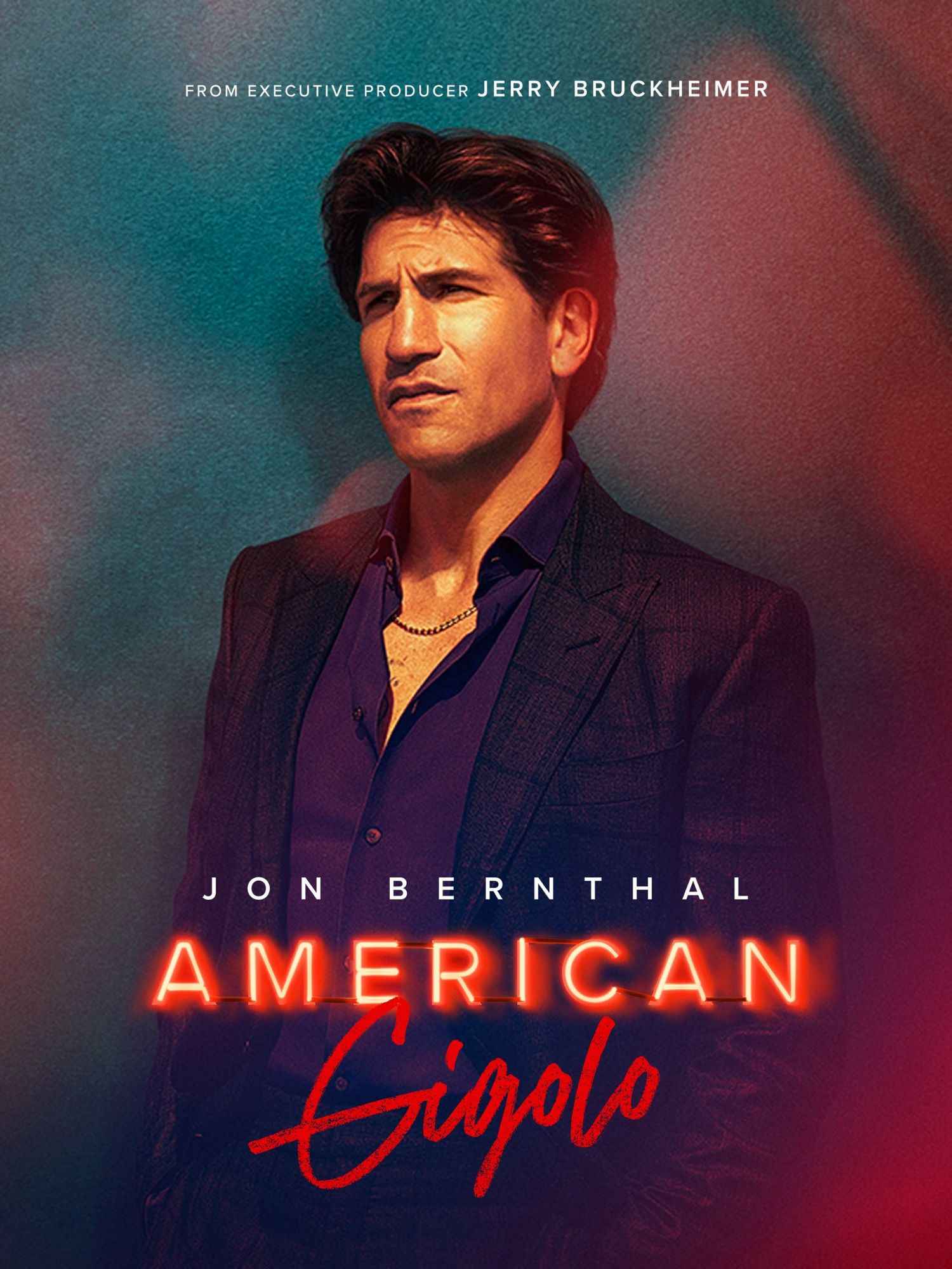 Plakat zur Serie „American Gigolo“ mit einem Mann im Anzug vor farbenfrohem, verschwommenem Hintergrund, der ernsthaft in die Ferne blickt; der Titel ist in leuchtender Schrift hervorgehoben.