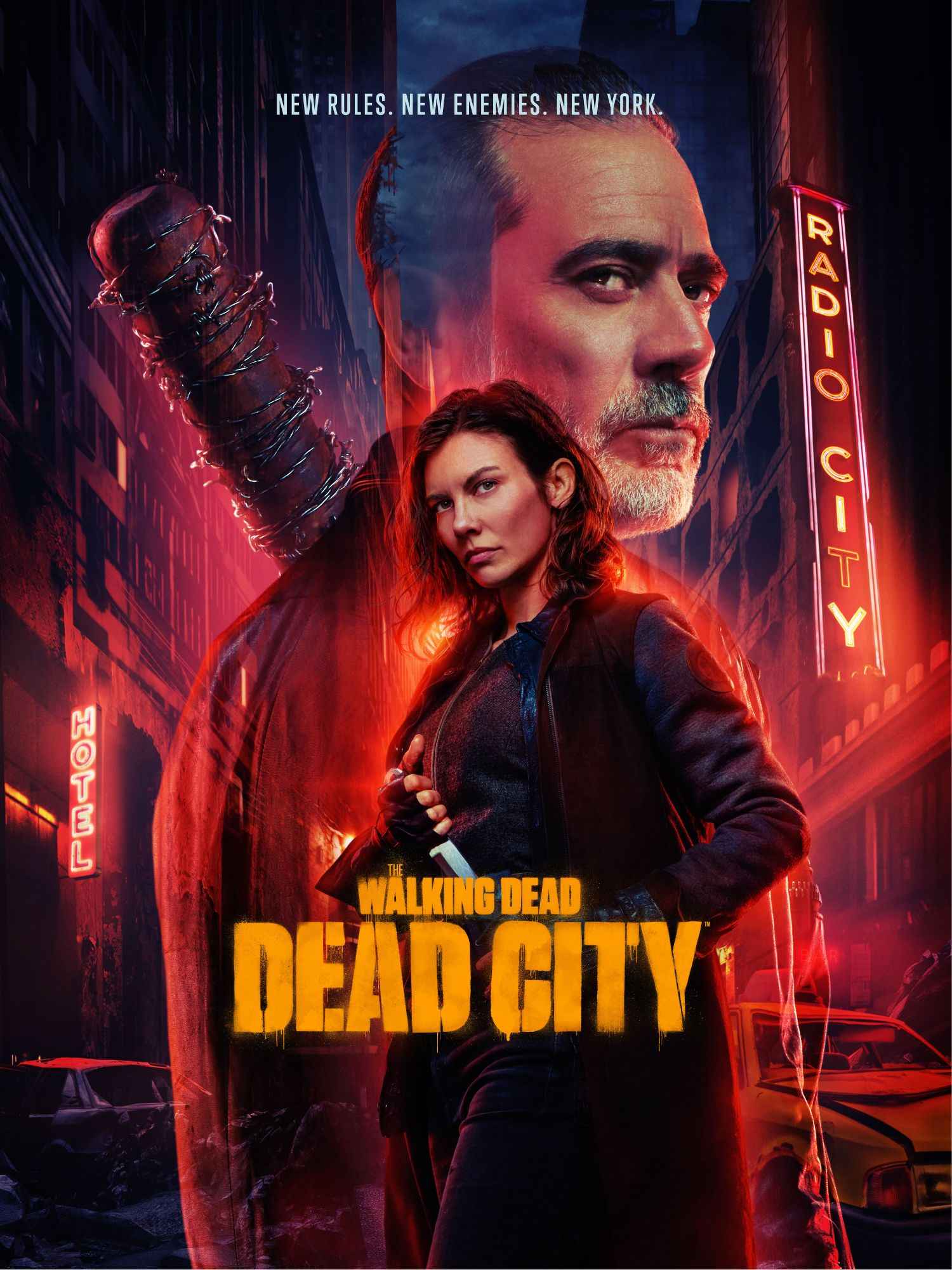Plakat zur Serie „The Walking Dead: Dead City“ mit zwei zentralen Figuren vor einer postapokalyptischen New Yorker