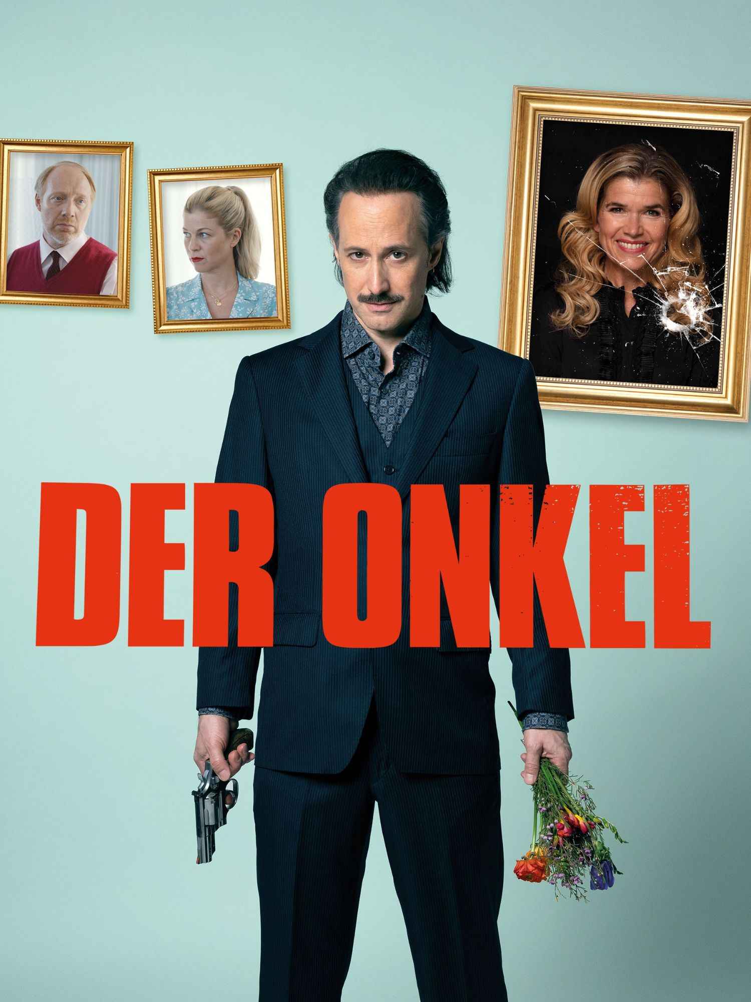 Filmplakat zu „Der Onkel“ mit einem Mann im Anzug, der eine Pistole und einen Blumenstrauß hält, vor Porträtfotos an der Wand – eines davon ist von einer Kug