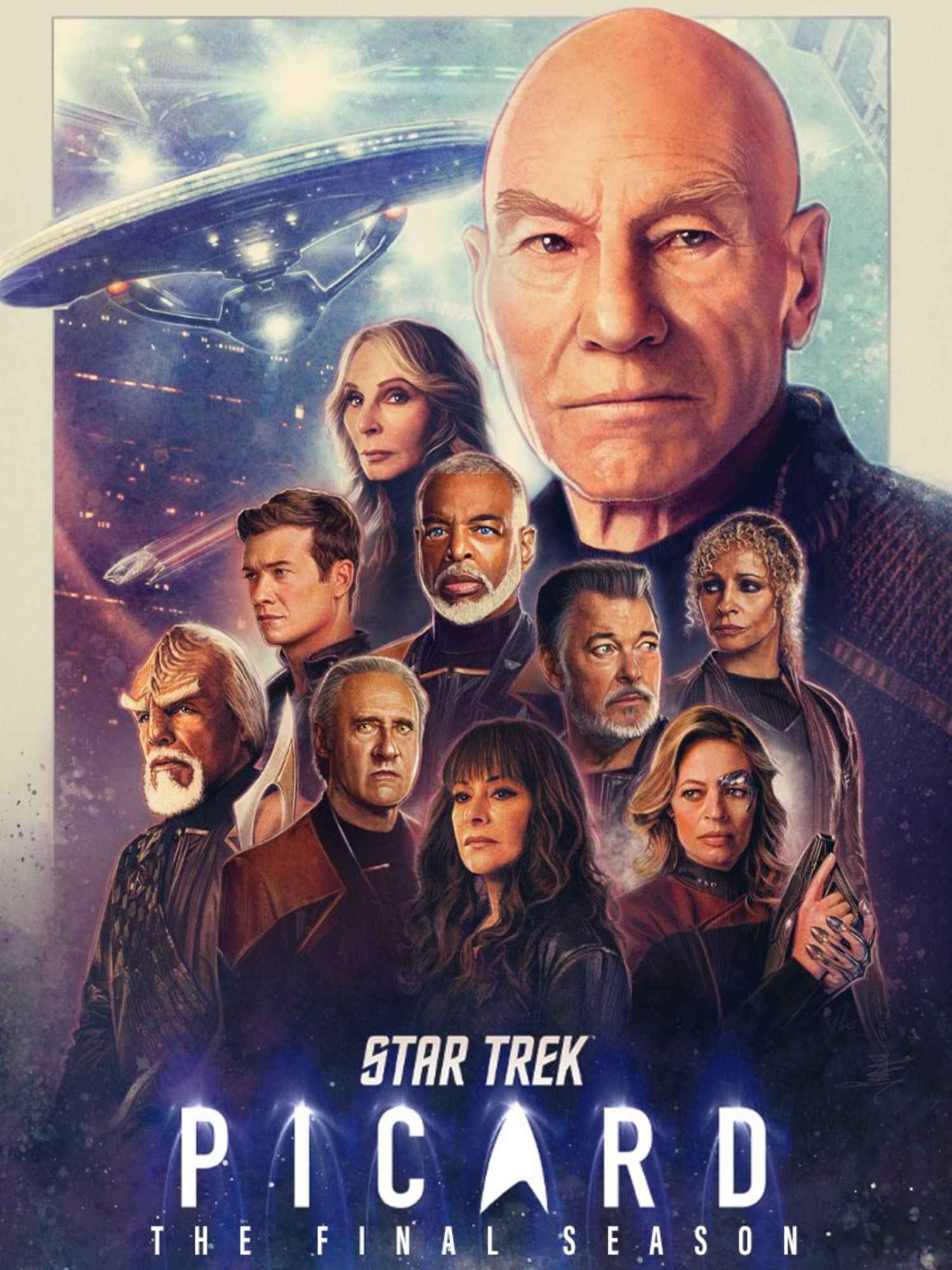 Plakat zur finalen Staffel von „Star Trek: Picard“ mit einer Illustration von Jean-Luc Picard im Vordergrund, umgeben von bekannten Crewmitgliedern und Raumschiffen vor einem galaktischen Hintergrund.