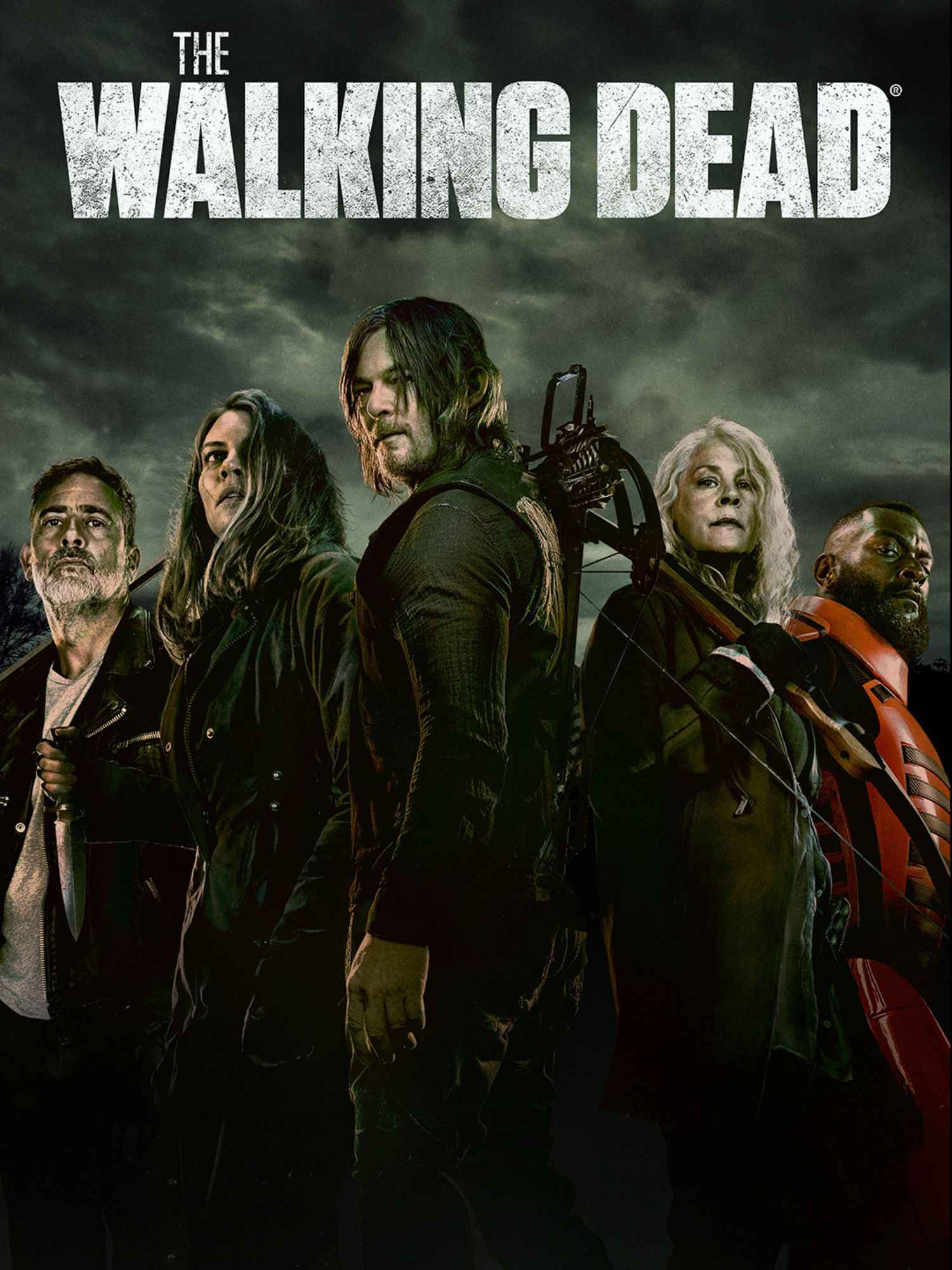 Plakat zur Serie „The Walking Dead“ mit fünf kampfbereiten Hauptfiguren vor einem düsteren Himmel, ausgestattet mit Waffen und entschlossenen Blicken.
