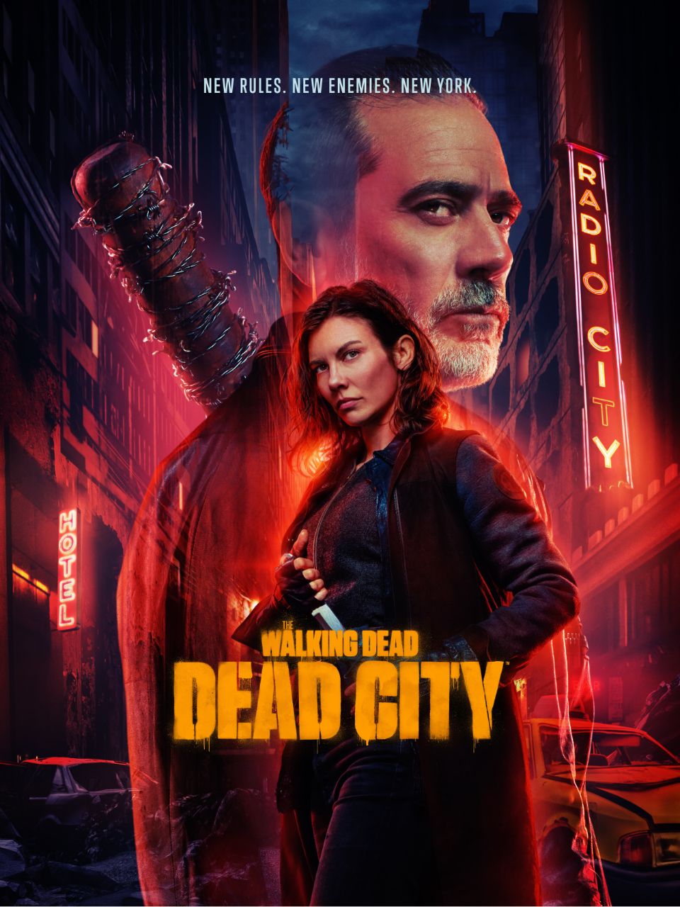 Poster for the series The Walking Dead: Dead City featuring Lauren Cohan (Maggie) in the foreground and Jeffrey Dean Morgan (Negan) in the background, set against a dark urban backdrop with a baseball bat and neon lights.