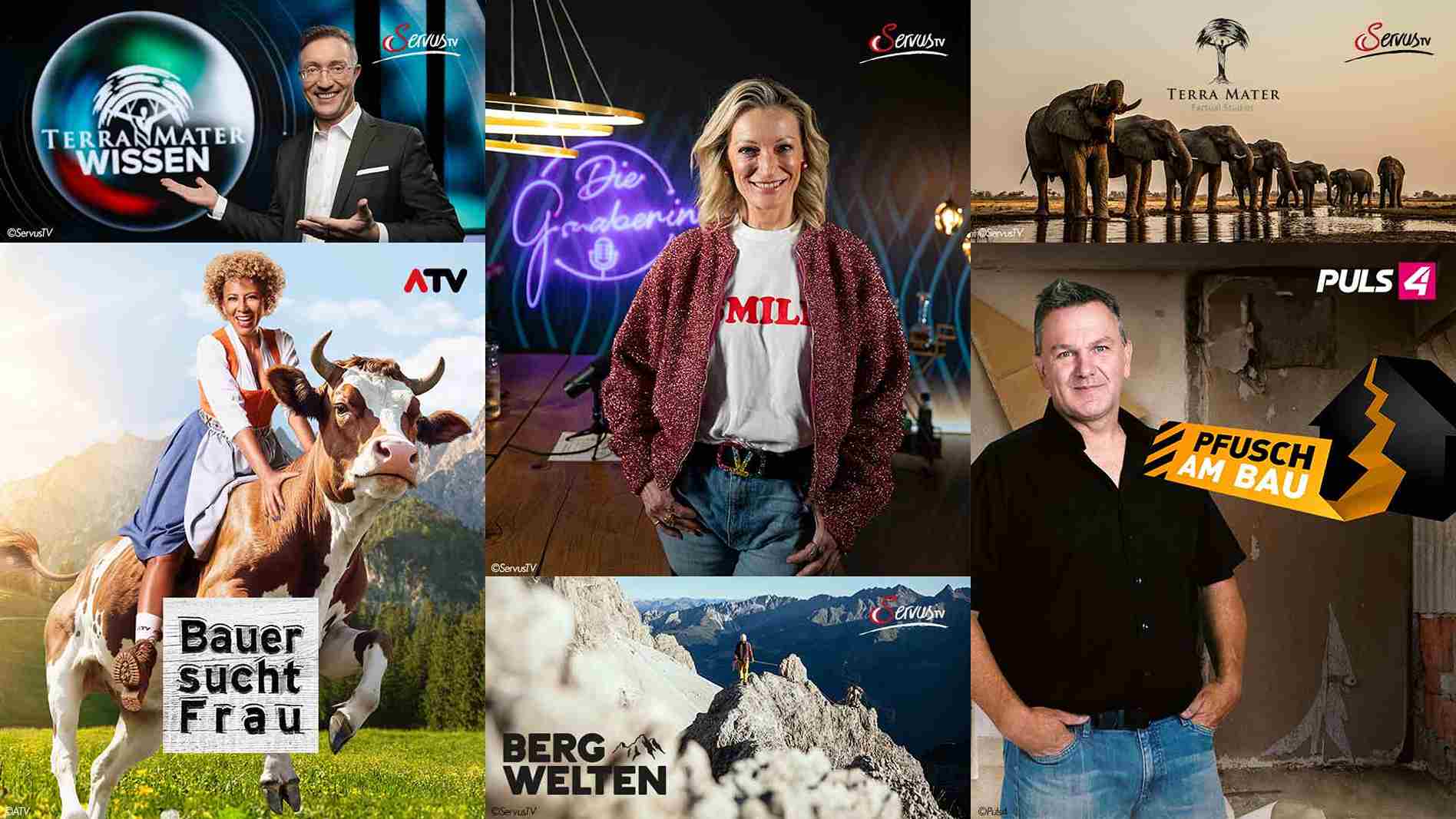 Collage mit 6 österreichischen TV-Sendungen von ServusTV, ATV und Puls 4: Wissenschaft, Talkshow, Naturdoku, Kuppelshow, Bergdoku und Baupfusch-Reportage.