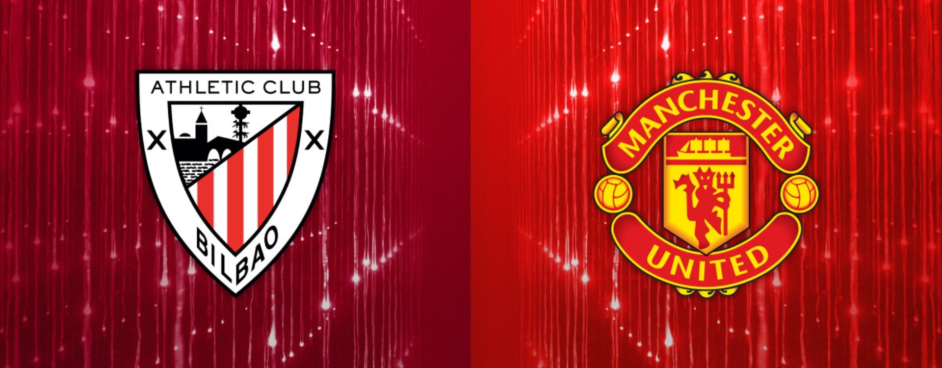 Grafik mit den Vereinslogos von Athletic Bilbao (links) und Manchester United (rechts) vor rotem Hintergrund – Ankündigung eines Fußballspiels.