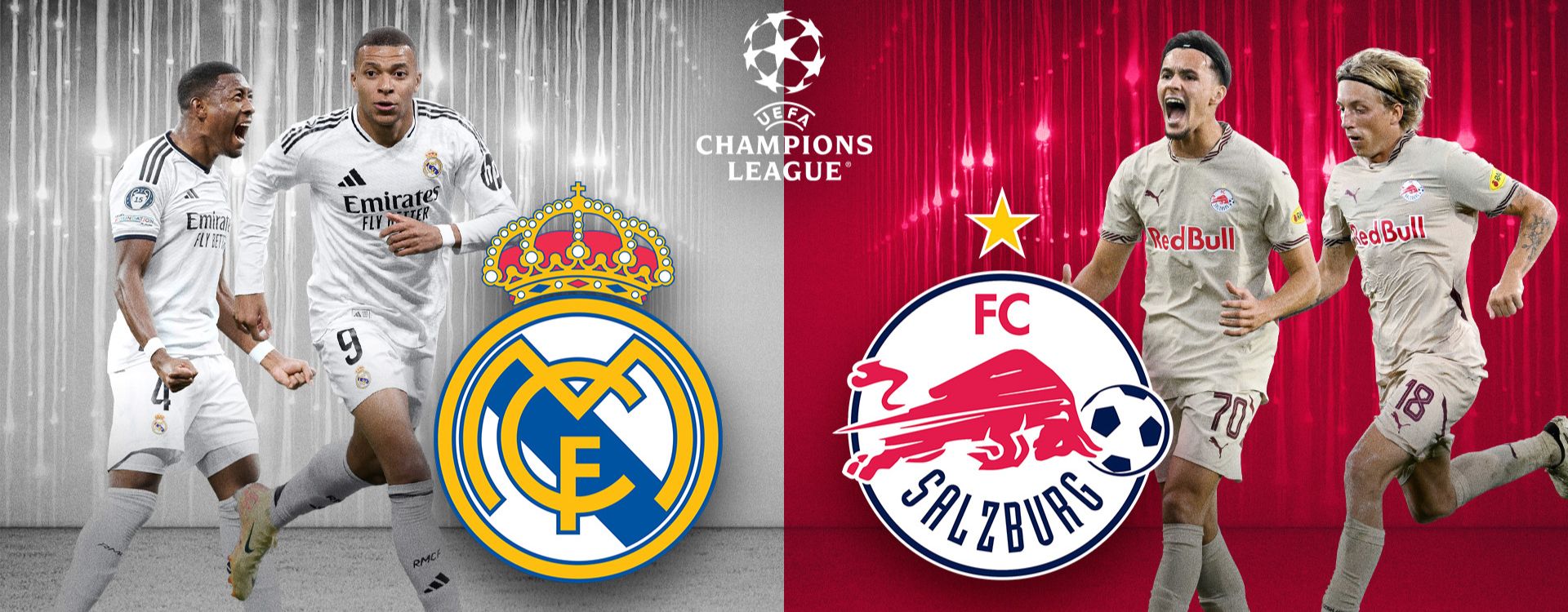 Collage mit Spielern von Real Madrid und FC Salzburg. Links das Logo von Real Madrid mit Spielern in weißen Trikots, rechts das Logo von FC Salzburg mit Spielern in grauen Trikots. UEFA Champions League Logo in der Mitte.