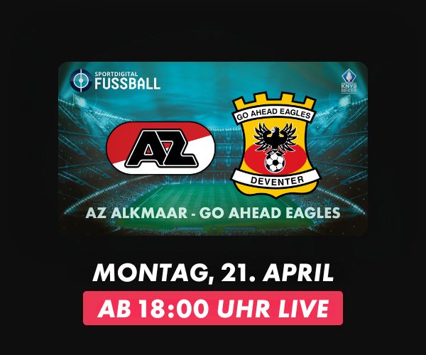  Vereinswappen von AZ Alkmaar und Go Ahead Eagles nebeneinander, darunter das Datum „Montag, 21. April“ und der Hinweis „Ab 18:00 Uhr live