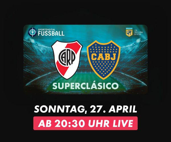  Vereinswappen von River Plate und Boca Juniors nebeneinander, darunter das Datum „Sonntag, 27. April“ und der Hinweis „Ab 20:30 Uhr live