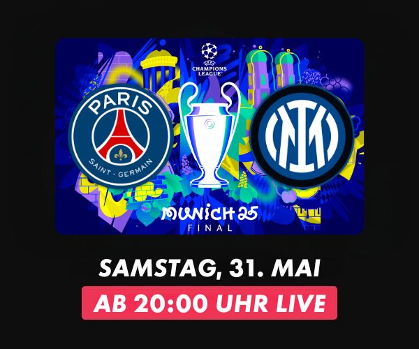Finalgrafik zur UEFA Champions League 2025: Paris Saint-Germain vs. Inter Mailand vor farbenfrohem München-Hintergrund mit Pokal in der Mitte.