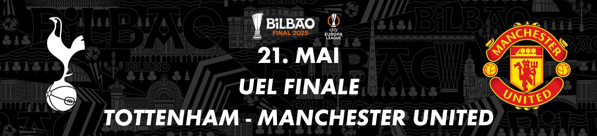 Schwarzer Banner mit UEFA Europa League-Logo, Text ‚21. Mai UEFA Europa League Finale‘ und einer Pokal-Grafik.